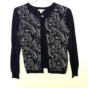 New York & Co. Black and Gray Floral and Paisley Long Sleeved Cardigan Sweater.